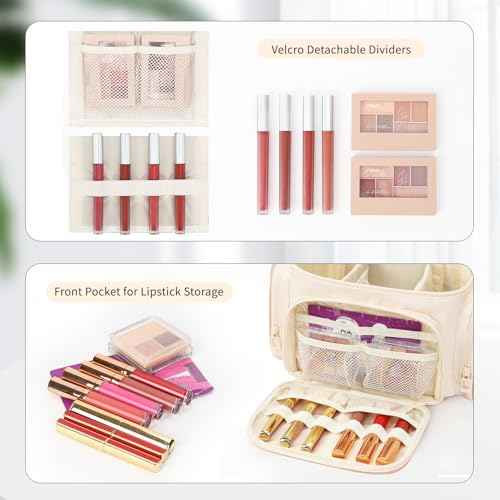 Large Makeup Bag, Portable Travel Makeup Bag Organizer for Women Girls with Makeup Brush Compartment & Two Side Pockets, Cosmetic Travel Bag Vertical Storage Toiletry - White