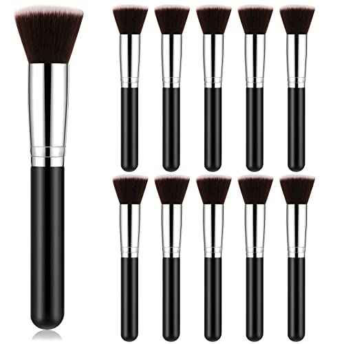 Tanlade 10 Pcs Makeup Brushes Bulk Flat Top Foundation Brush Liquid Cream Powder Foundation Contour Blush Concealer Eye Shadow Blending Liner Make up Kit for Wedding Artist(Black)