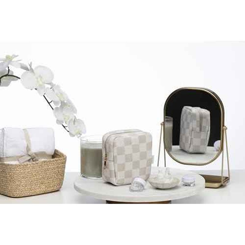 Mini Makeup Bag, Small Makeup Bag for Purse, Small Cosmetic Bag for Purse, Small Cosmetic Bag, Checkered Pouch, Cute Mini Pouch, Small Medecine Bag, Makeup Bag Small (Beige)