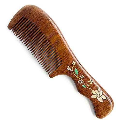 Natural Handmade Sandalwood Hair Comb, Anti-Static Hair Detangler Wooden Combs for Men,Women,Kids Fine Tooth Wood Comb (Flower drawing with free pouch)