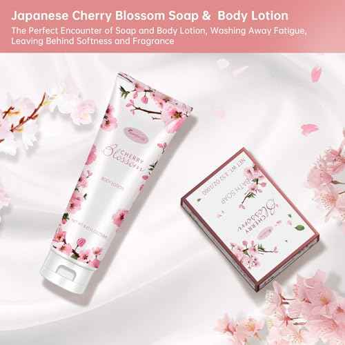 Bath and Body Gift Set for Women & Girls - Japanese Cherry Blossom 7-Piece Luxurious Home Spa Gift Set with Shower Gel, Body Lotion, Bath Oil, Bath Salts, Soap, Bath Bombs, and Candle