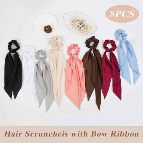 8 PCS Bow Hair Scrunchies Detachable Silky Satin Hair Ties for Women Girls Silk Hair Scrunchies with Long Ribbon Bows Ponytail Holder Elastic Hair Ties Knotted Bow Silk Hair Accessories