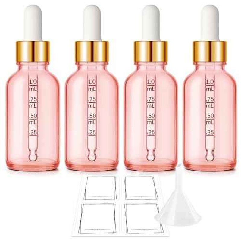 Bumobum 1 oz Dropper Bottle, Pink Glass Dropper Bottle with Measured Dropper & Golden Cap, Empty Eye Tincture Bottles with Funnel & Labels for Essential Oils Serums Tavel Liquids, 4 Pack
