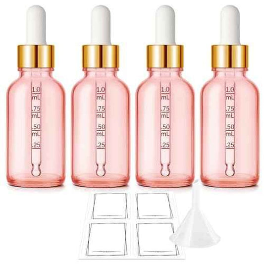Bumobum 1 oz Dropper Bottle, Pink Glass Dropper Bottle with Measured Dropper & Golden Cap, Empty Eye Tincture Bottles with Funnel & Labels for Essential Oils Serums Tavel Liquids, 4 Pack