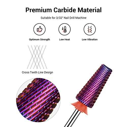 MelodySusie Professional 5 in 1 Nail Drill Bits, 3/32'' Carbide Tungsten Multi-function, Suitable for Manicure Pedicure Cuticle Gel Polishing, Purple, Fine
