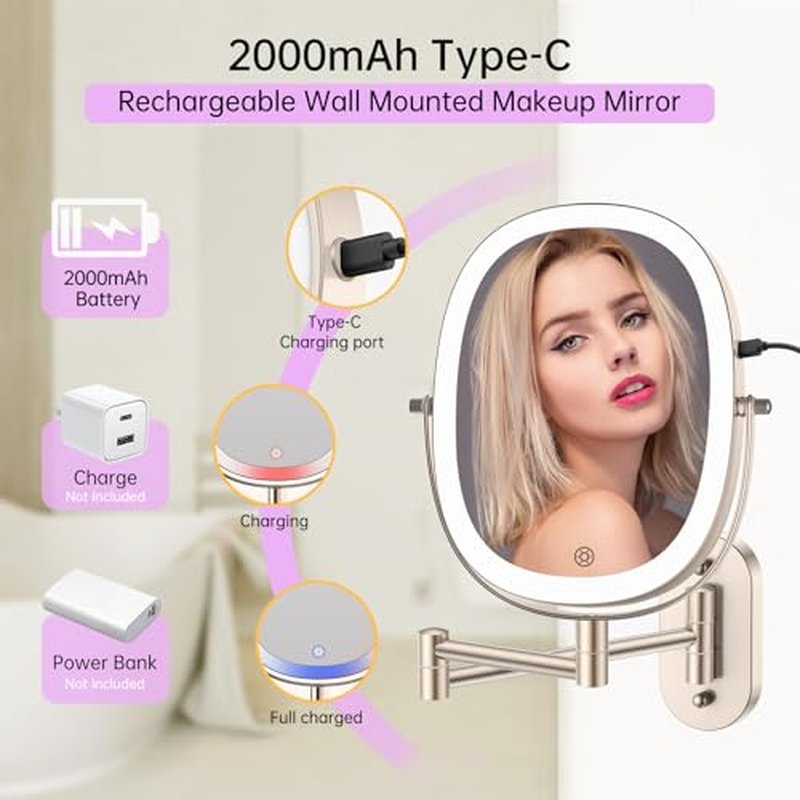 FUNTOUCH 30X/1X Wall Mounted Makeup Mirror,Rechargeable Double Sided Touch Switch Rectangle Oval Wall Mounted Magnifying Mirror with Light, 3 Color Setting,Extended Arm 360¡ÆFoldable, Nickel