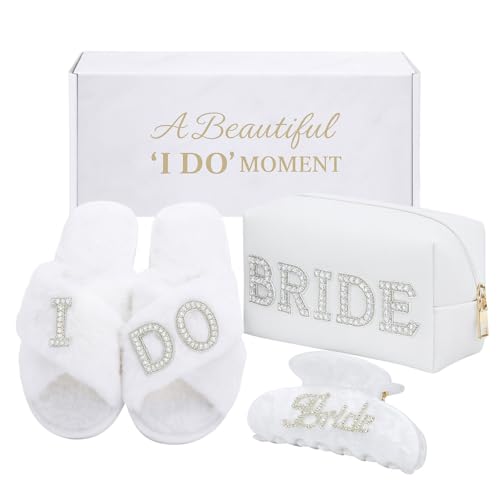 Bridal Shower Gifts, Bride To Be Gift Set, Wedding Gifts for Bride, Bachelorette Gifts for Bride, Engagement Gift for Her, Bachelor Party Christmas Gifts, Makeup Bag, I DO Slippers, Hair Clip