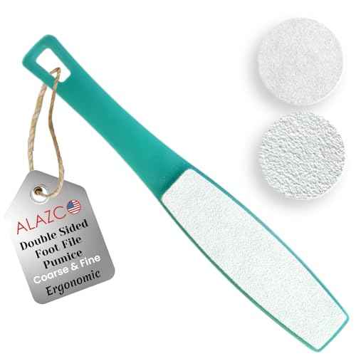 1 ALAZCO Double Sided Foot File Pumice Ergonomic Handle Scrubber Immediate Result Smooth Feet Heel Scraper Exfoliate Buffer Dead Skin Callus Corn Emery Fine & Coarse Pedicure Tool