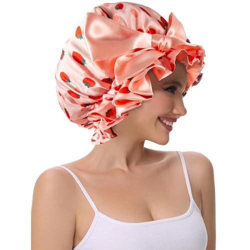Silk Bonnet for Sleeping Women, Satin Hair Shower Cap 2025 Tie Band Adjustable Straps Head Wrap for Curly Hair Strawberries F