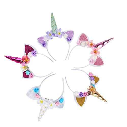 5PCS Glitter Unicorn Horn Headband, Flower Ears Unicorn Headbands for Girls, Birthday Unicorn Party Supplies, Cosplay Costume