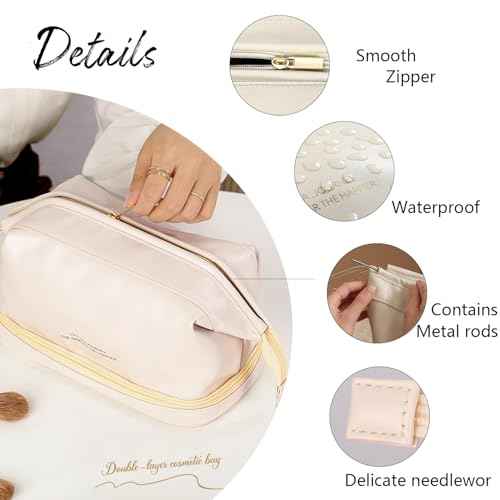 GRINKO Travel Makeup Bag, Large Capacity Toiletry Bag, Portable Pouch Cosmetic Bags for Women, PU Leather Waterproof Make up Organizer Apricot