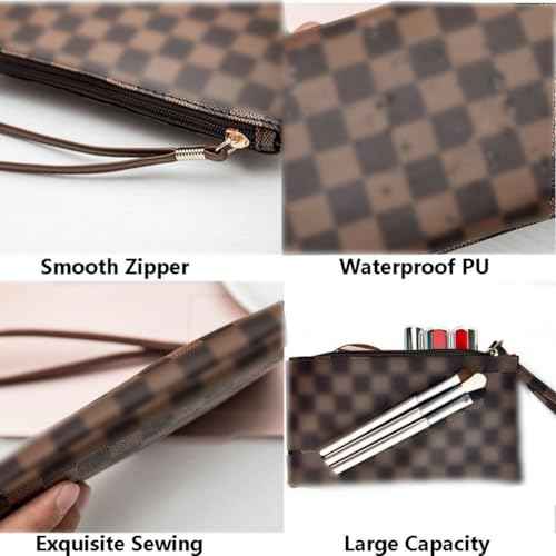 bopomofo Brown Checkered Cosmetic Bag 3 Pack,1 Big Pouch,1 Makeup Brushes Holder, 1 Coin Purse,Portable Travel Makeup Bag Set Lightweight and Waterproof Storage Bag Organizer (Brown Checkered 3 Pcs)