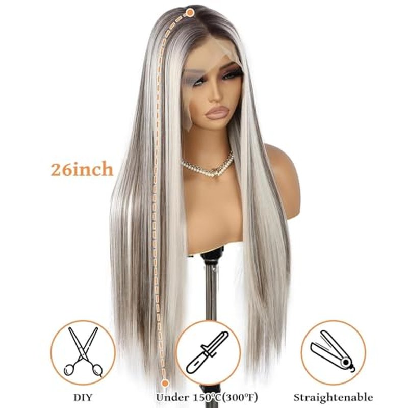 SAPPHIREWIGS Straight Synthetic Lace Front Wigs for Women Ombre Platinum Blonde Wigs with Brown Highlight Glueless 13¡¿6 Long Silky Straight Wig Pre-plucked Hairline Daily Use 26 Inches