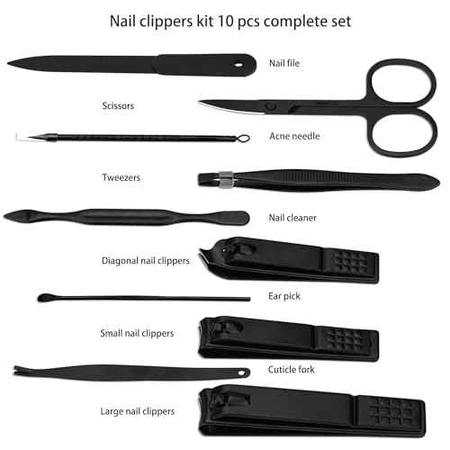 Manicure Set Nail Clippers Kit Professional Stainless Steel Nail Care Tools with Leather Travel Case 10 in 1 Black