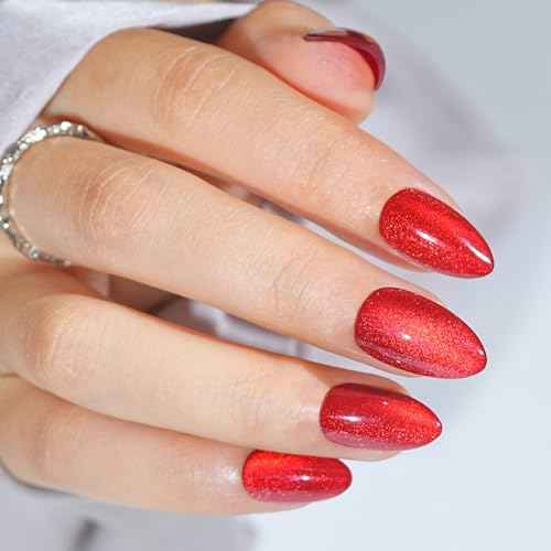 Press On Nails Almond - Bloody Claw, Red Cat Eye Halloween Press On Nails Short, Acrylic Square Glue On Nails with Nail Glue, Fit Perfectly & Natural Stick On Nails in 16 Sizes - 32 PCS Soft Gel Kit