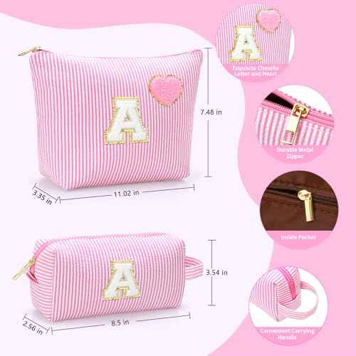Initial Makeup Bag Personalized Preppy Cosmetic Bag Trendy Toiletry Travel Bag For Teen Girls Kids Women Letter Makeup Pouch Purse Holiday Gifts Birthday Christmas Gifts 2pack (A, Blue)