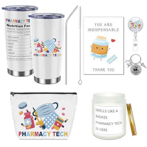 6 Pcs Pharmacy Technician Gifts Include Cup Portable Cosmetic Bag Badge Keychain Aromatherapy Thank You Card Pharmacy Technician Accessories for Doctors Nurses Week Gift Supplies