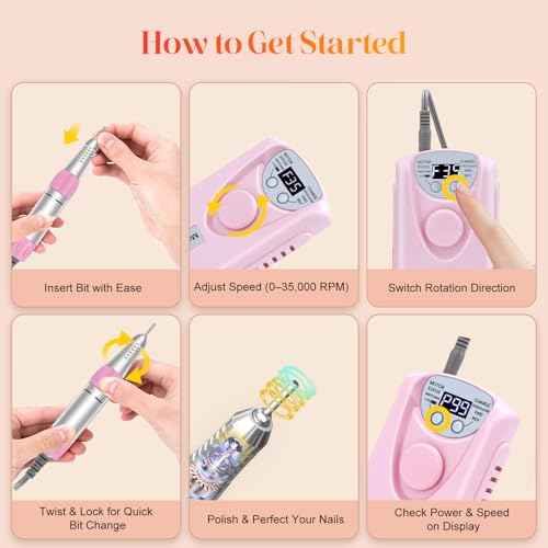 Electric Nail Drill Professional, 35000RPM Nail File Machine with Bits Set & Fast Cooling, Portable E File for Acrylic Gel Nail Polishing Removing, Manicure Pedicure at Salon & Home Use, Pink