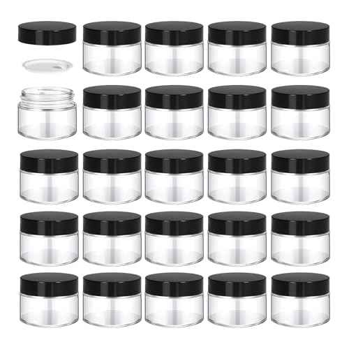 24 Pack 1 oz Round Clear Glass Cosmetic Jars with Inner Liners and Black Lids, Travel Glass Jars, Cosmetic Containers for Lip Balms, Powders, Makeup, Cream, Eyeshadow, Slime, Paint
