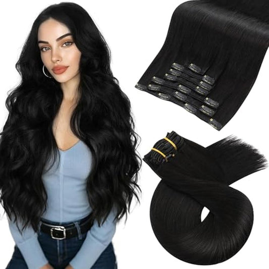 Moresoo Black Clip in Hair Extensions Real Human Hair Clip in Extensions Black Hair Extensions for Women Remy Double Weft 120g/7pcs 20 Inch
