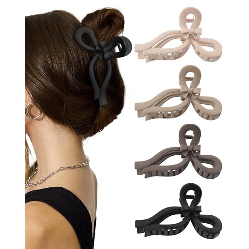 4 PCS Bow Hair Clips for Women Bow Claw Clip 5" Large Hair Claw Clips for Thick and Long Hair Cute Bows Jaw Clip (Dark Apricot + Khaki + Coffee + Black, 5" Extra Large)