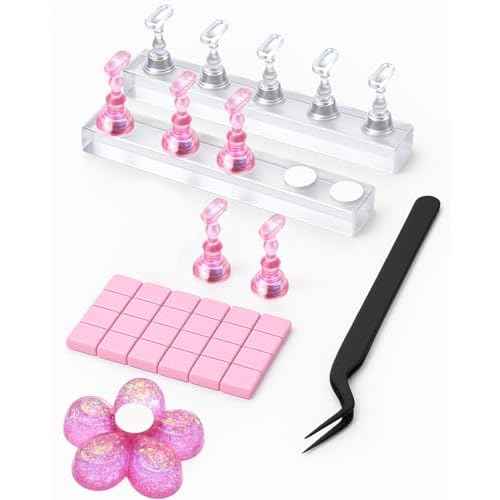 Nail Stand for Press On Nails ? 2 Set Acrylic Nail Holders For Painting Nails, 10 Nail Stand, 60Pcs Adhesive Putty Clay, 1 Flower Shaped Base & Tweezer ? Nail Art Practice Kit for Salon & Home
