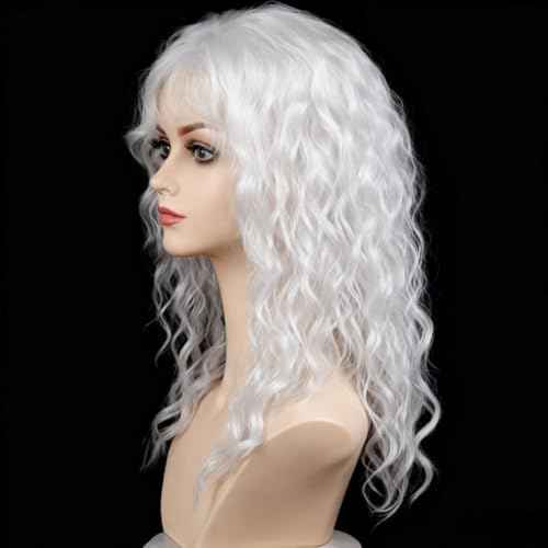 White Curly Wigs with Bangs for Women Long Soft Curly Wavy Wigs Natural Synthetic Hair Party Halloween Costume Cosplay Wigs