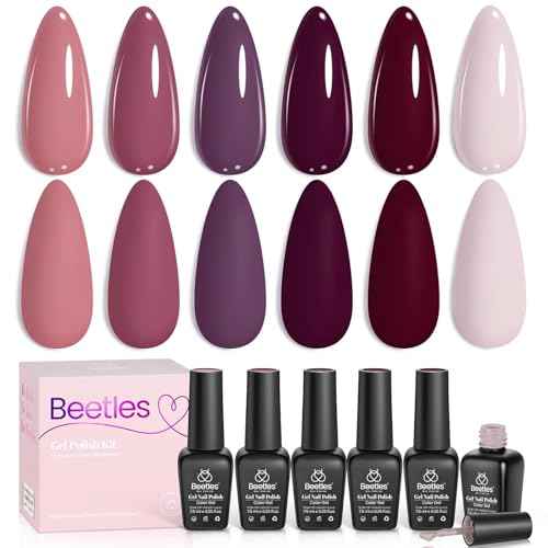 Beetles Burgundy Purple Gel Nail Polish Set - 6 Color Winter Purple Maroon Mauve Plum Gel Polish Kit, Soak Off UV LED Nail Gel for Autumn Manicure Nail Art Gifts for Women