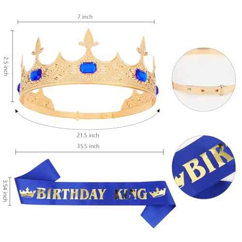 CURASA Birthday King Crowns for Men Gold Birthday Crown for Men Royal Blue Birthday King Sash and Crown Birthday Sash for Men Birthday Decoration Hair Accessories for Mens Party Prom