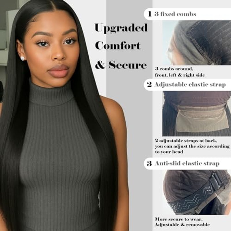 13x6 Synthetic Lace Front Wig, 30in Frontal Lace Wig for Women with Elastic band, Straight Hair Heat-Resistant HD Lace Wig with Natural Density for Daliy Used, Glueless Lace Wig for Black Women