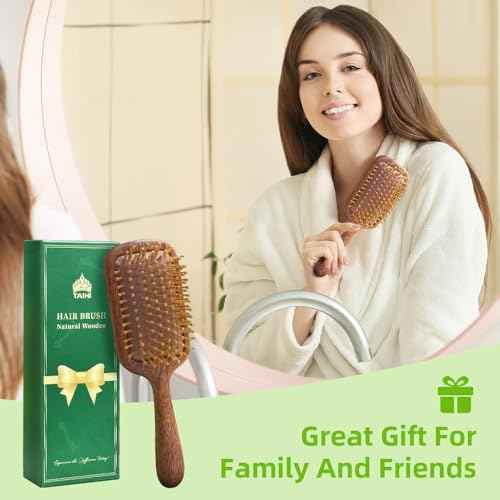 Hair Brushes for Women Men Kids Natural Green Sandalwood Wooden Hair Brush with Ergonomic Handle Enhance Shine Detangling Hairbrush for Dry Curly Thick Thin Straight Hair