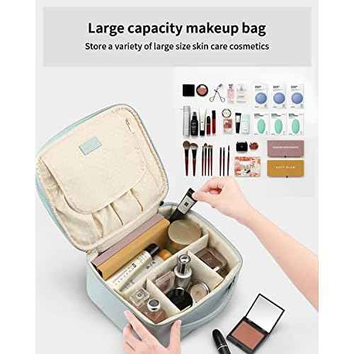 Vlando Makeup Bag, Travel Makeup Bags,Large Portable Make Up Bag Organzier with Dividers and Handle Gifts for Women Girls,Traveler,Christmas,Wedding Blue