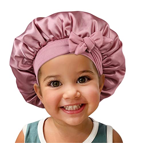 Satin Silk Bonnet Hair Cap: 2pcs Bonnets for Kids with Elastic Tie Band Adjustable Straps for Sleeping Sleep Comfortable - Stretchy Tie Band Hair Bonnets No Slip-Off (Black-Rosegold-K)