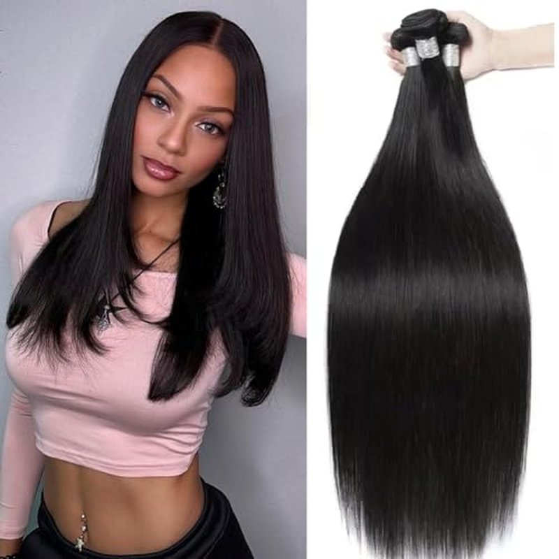 Beautymoon Human Hair Bundles Straight 10 12 14 Inch 3 Bundles Human Hair 100% Unprocessed Brazilian Virgin Straight Hair Bundles Weave Remy Human Hair Extensions Natural Black Color
