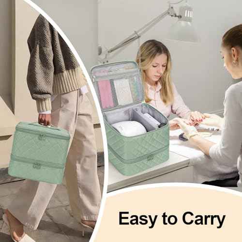 Ethereal Small Nail Polish Organizer Case Holds 30+ Bottles(15ml/0.5fl.oz) and Nail Lamp, Double Layer Nail Polish Storage Bag for Nail Kit, Manicure Tools, Green