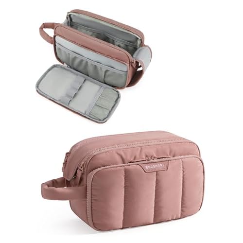 Travel Toiletry Bag for Women, Wide-open Makeup Bag Organizer, Puffy Make Up Case, Large Capacity Cosmetic Organizer for Women for Travel Essentials Toiletries Accessories (Nude Pink)