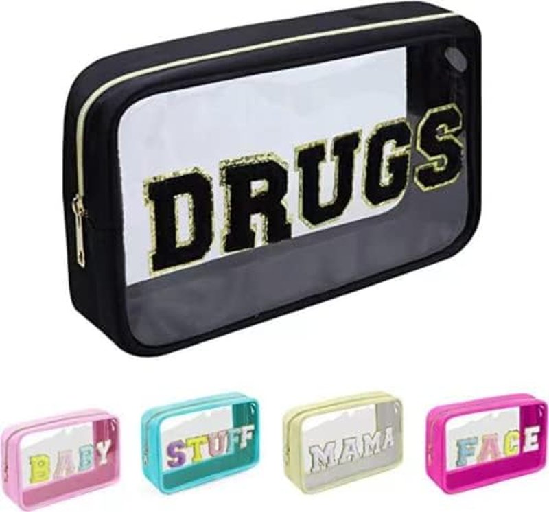 Chenille Letters Makeup Bag - Clear Glitter Cosmetic Bag for Travel | 8.66" x 5.31" x 3.15", Black