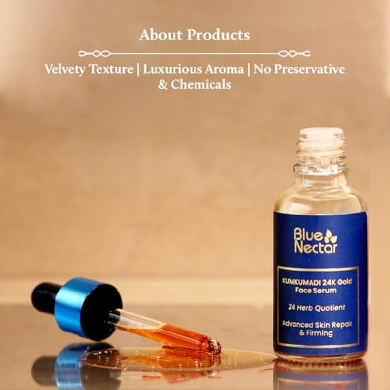 Blue Nectar 24K Gold Serum with Pure Kumkumadi Oil for Face | Ayurvedic Collagen Face Serum for Skin Tightening & Natural Radiance (24 Herbs, 0.33Fl Oz)