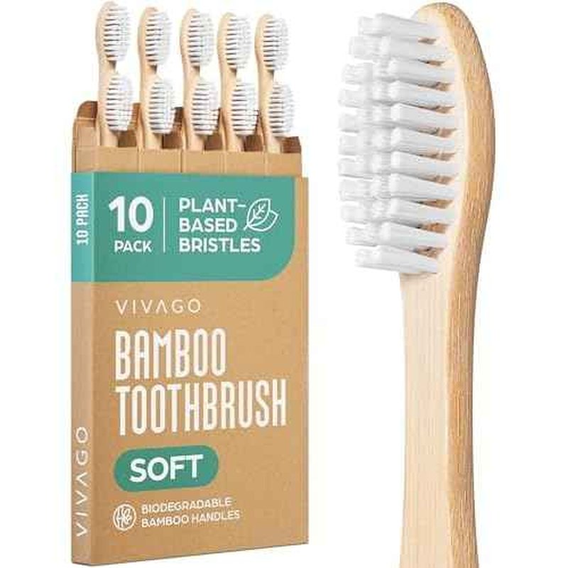 Bamboo Toothbrushes 10 Pack ? Natural Toothbrushes, Plant-Based Soft Bristles ? Eco-Friendly Wooden Toothbrush