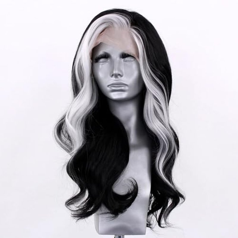 RONGDUOYI RDY Black Mix White Highlight Wig for Women Pure Black with a White Front Streak Lace Front Wigs 26inches Long Body Wave Synthetic Wig with Natural Hairline