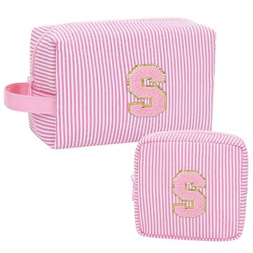 MONSTINA Initial Makeup Bags for Women|Cosmetic Bag for Travel Toiletry - Birthday Gifts for 11 12 13 14 15 16 17 18 Years Old Girls- Graduation Teen Girl Gifts Trendy Stuff Teacher Gift,2PCS,Pink S