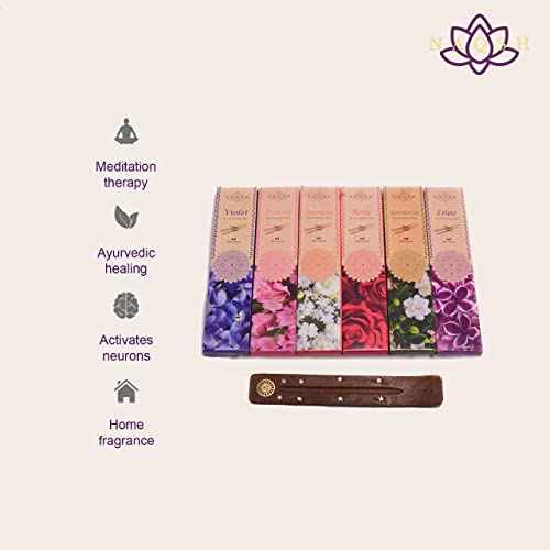 NAQSH Incense Sticks with Wooden Burner Natural Relaxing | Aromatherapy Incense for Air Purifier, Mind & Spirit & Ritualistic Fragrance | Gift Set (Set of 6 Packs - Total 120 Sticks) (Assorted 6)