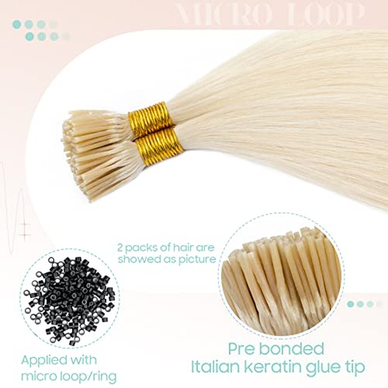 S-noilite Pre bonded I Tip Hair Extensions Human Hair Cold Fusion Stick Tip Real Human Hair Piece Invisible Keratin Glue Hair Extensions Full Head 100 Strands 50g 16 Inch (#60 Platinum Blonde)