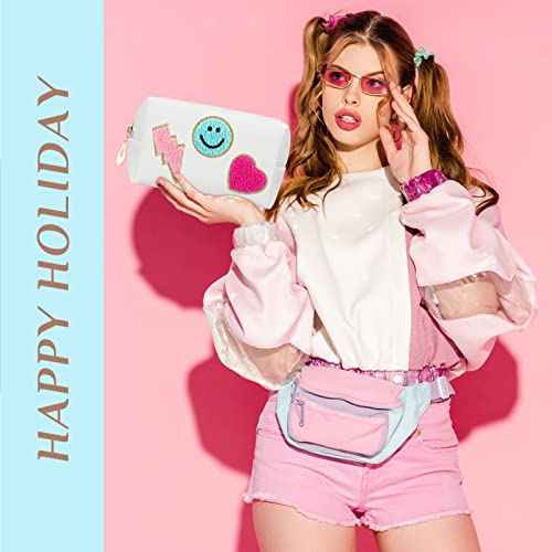 Sanwuta 12 Pcs Christmas Preppy Patch Makeup Bag Chenille Letters Cosmetic Bag PU Leather Preppy Organizer Small Smile Heart Toiletry Pouch Portable Waterproof Storage Purse Pouch for Women Adults
