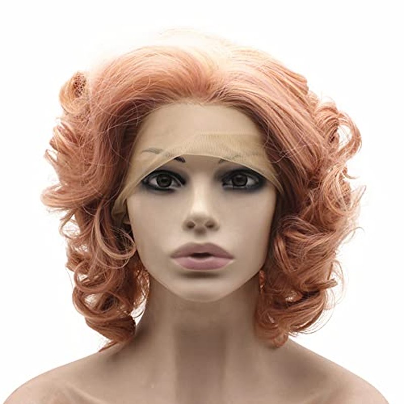 MX angel Short Curly Synthetic Hair Lace Front Rose Pink Wig Heat Friendly Fiber Hair