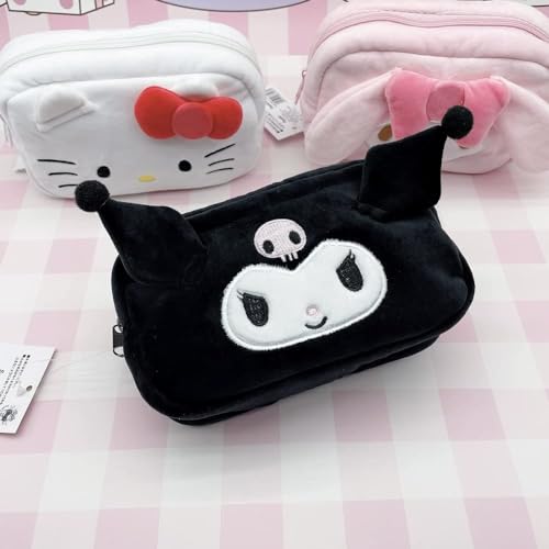 Cartoon Cosmetic Bag With Zipper,Kawaii Plush Makeup Bag,Cute Brush Organizer Toiletry Bag for Women Girls(black)