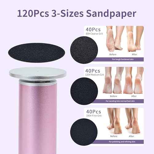Electric Foot Callus Remover with 120pcs Sandpaper Discs(3 Sizes), Professional 800RPM Aluminum 4.8 Inches Callus Remover for Feet, Stepless Speed Control for Dead Skin (Purple)