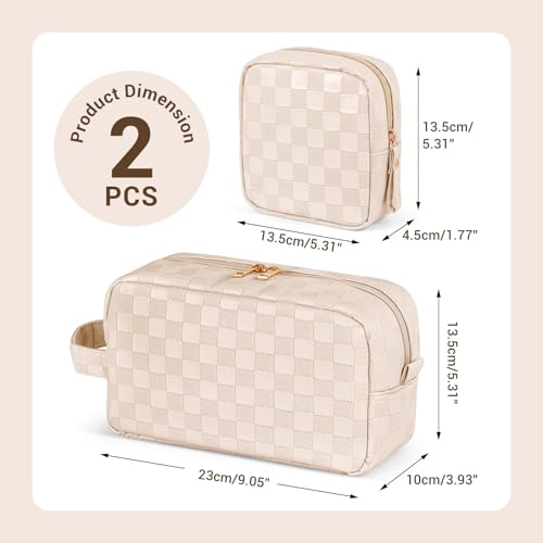 MAGEFY 2Pcs Makeup Bag, Cute Checkered Pouch with Handle, Leather Travel Makeup Pouches for purse Make Up Bag for Cosmetic, Lipstick,Beige