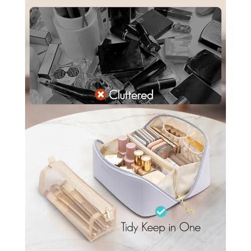 Vlando Makeup Bag,Large Capacity Toiletry Bag for Women Waterproof Portable Make up Pouch PU Leather Open Flat Cosmetic Bag(Purple)