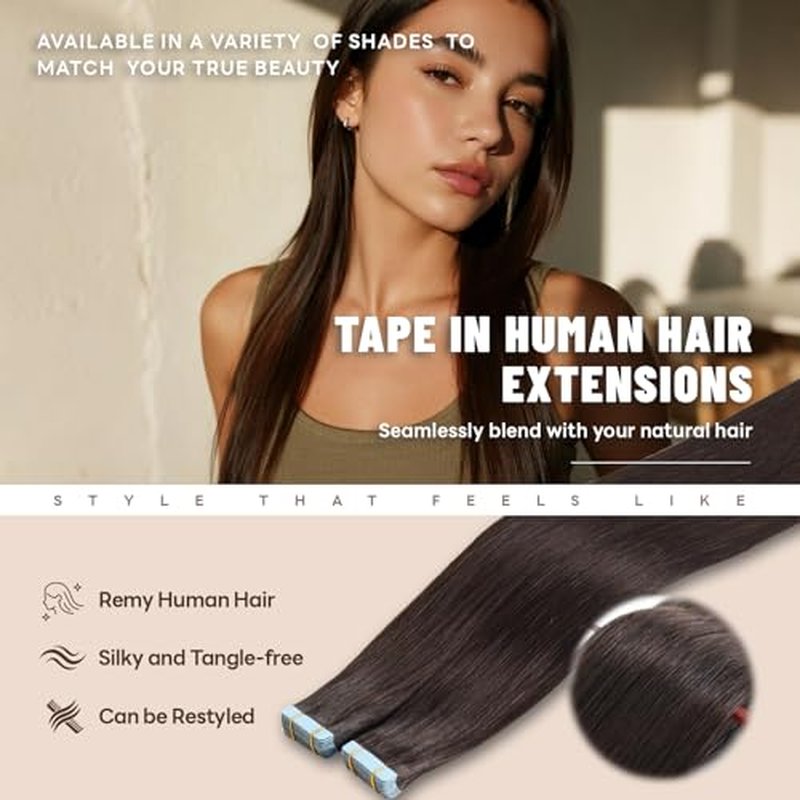 Tape in Hair Extensions Human Hair 18 Inch 50g 20Pcs Remy Human Hair Extensions Invisible Straight Seamless Tape in Extensions (18in, 50g, #2)